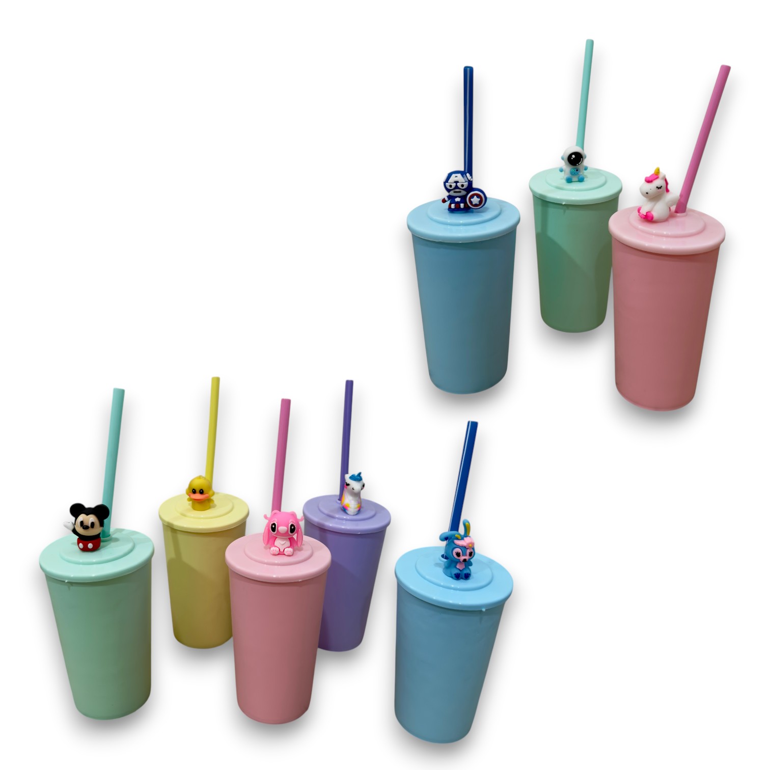 VASO INFANTIL DE COLORES CON APLIQUE DE MUÑECO Y SORBETE