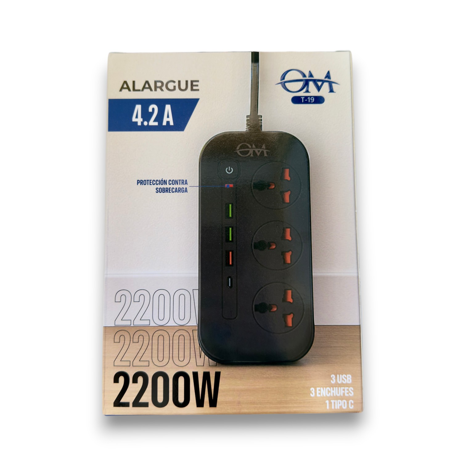 ALARGUE 3 ENCHUFEAS A 220 V 3 USB Y 1 TIPO C T-19