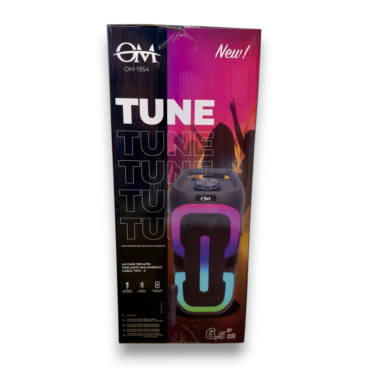 PARLANTE LED CON MICROFONO TRANSLUCIDO OM-644 DOS BOCINAR DE 6,5 PULGADAS