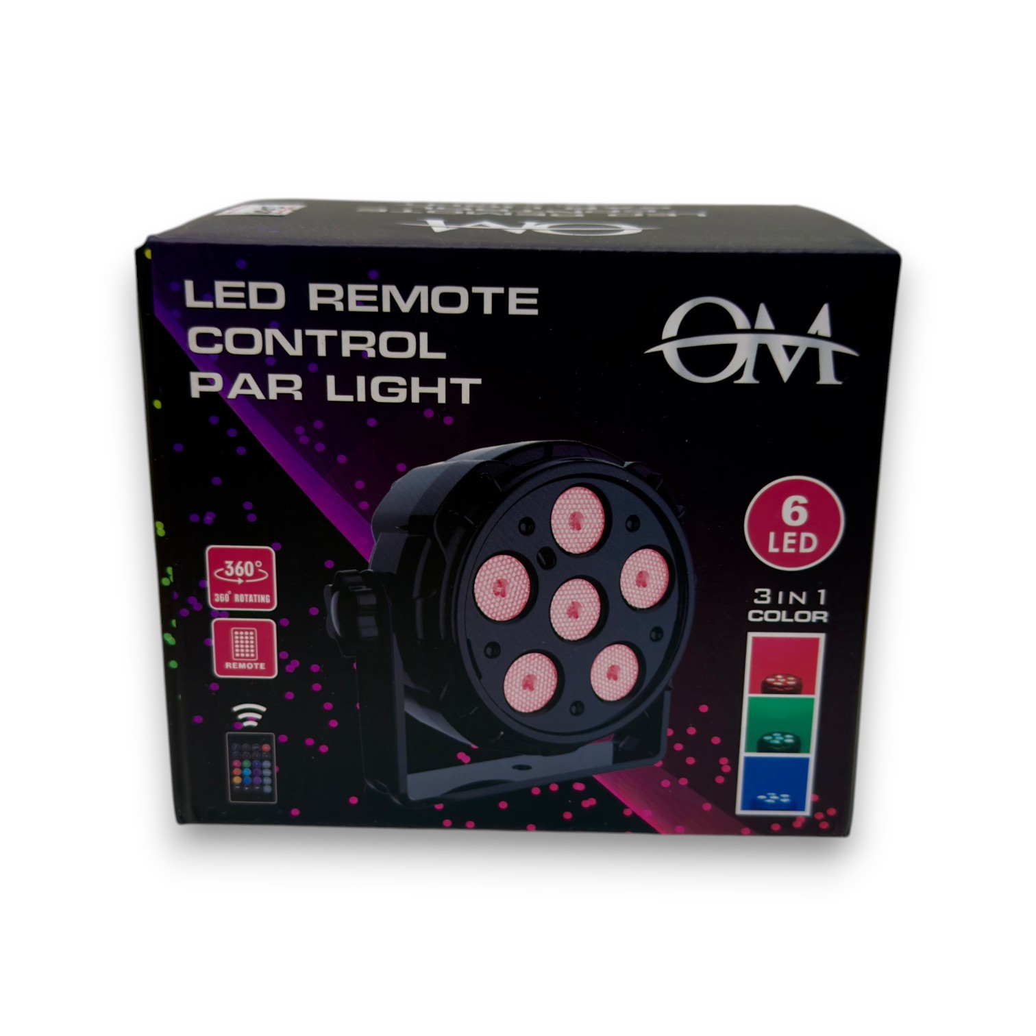 LUZ DE COLORES DE BOLICHE PARA CASA A CONTROL REMOTO 12 LED, 360, 3 COLORES OM1012